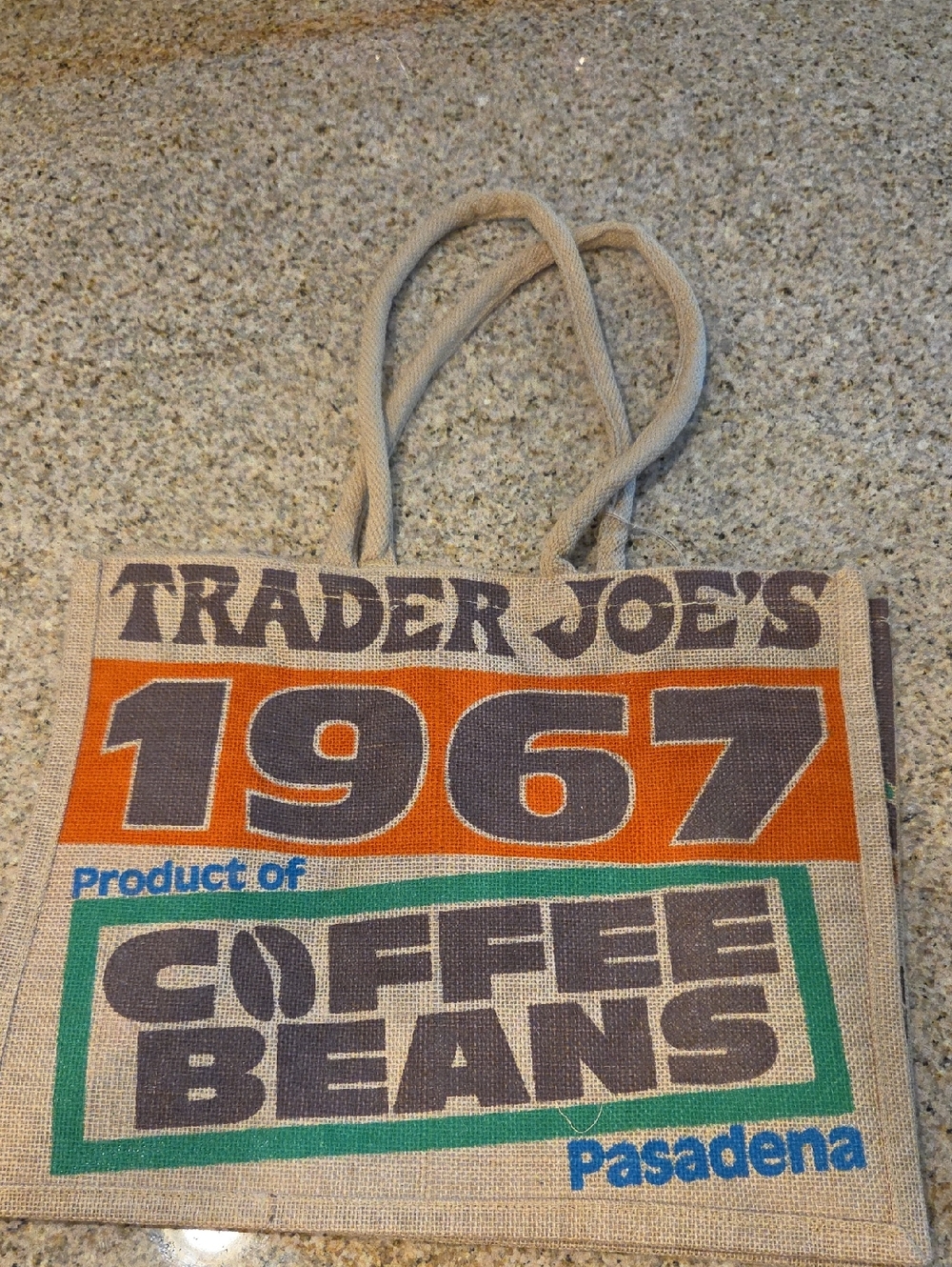 NWT 1967 Coffee Beans Jute Tote Bag - Natural with Orange, Green, Blue Print